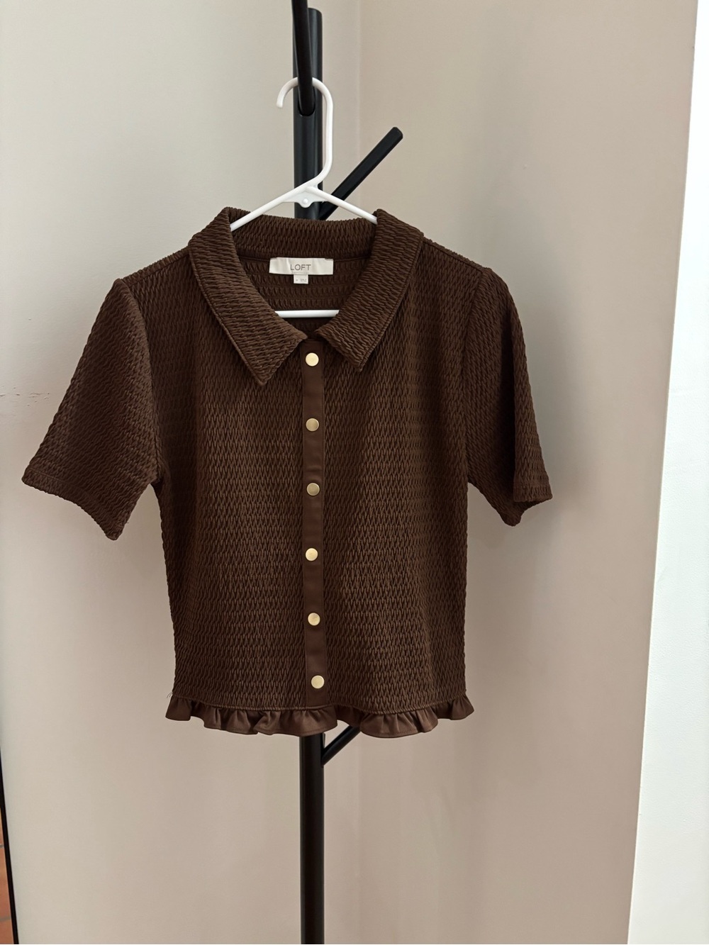 LOFT Brown Textured Short-Sleeve Button Polo
